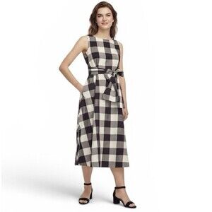Ann Taylor Black White Gingham Plaid Tie Waist Midi Sleeveless Dress Cotton XS